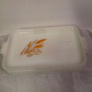 4 Vtg Oblong Fire king Golden Harvest Wheat Milk Glass Salad, Bread, Desert Tray